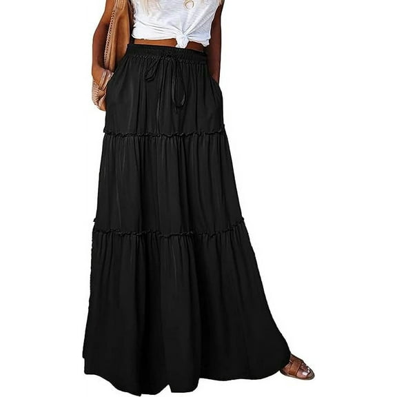 Women Maxi Skirt Boho Elastic Waist A-Line Pleated Swing Long Skirt with Pockets