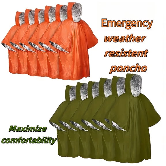 QUTETN 6-Pack Reusable Rain Ponchos – Waterproof Hooded Capes for Adults, Unisex Outdoor Gear for Camping, Hiking & Emergencies – Orange or Army Green