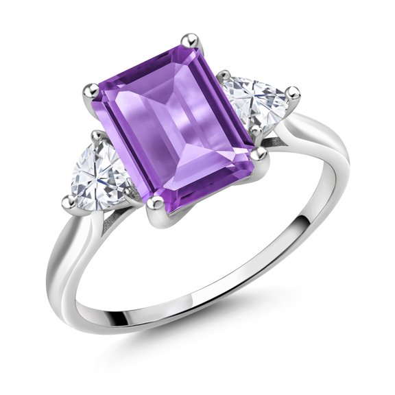Gem Stone King 10K White Gold 3-Stone Ring Emerald Cut Amethyst Moissanite (2.96 Cttw)