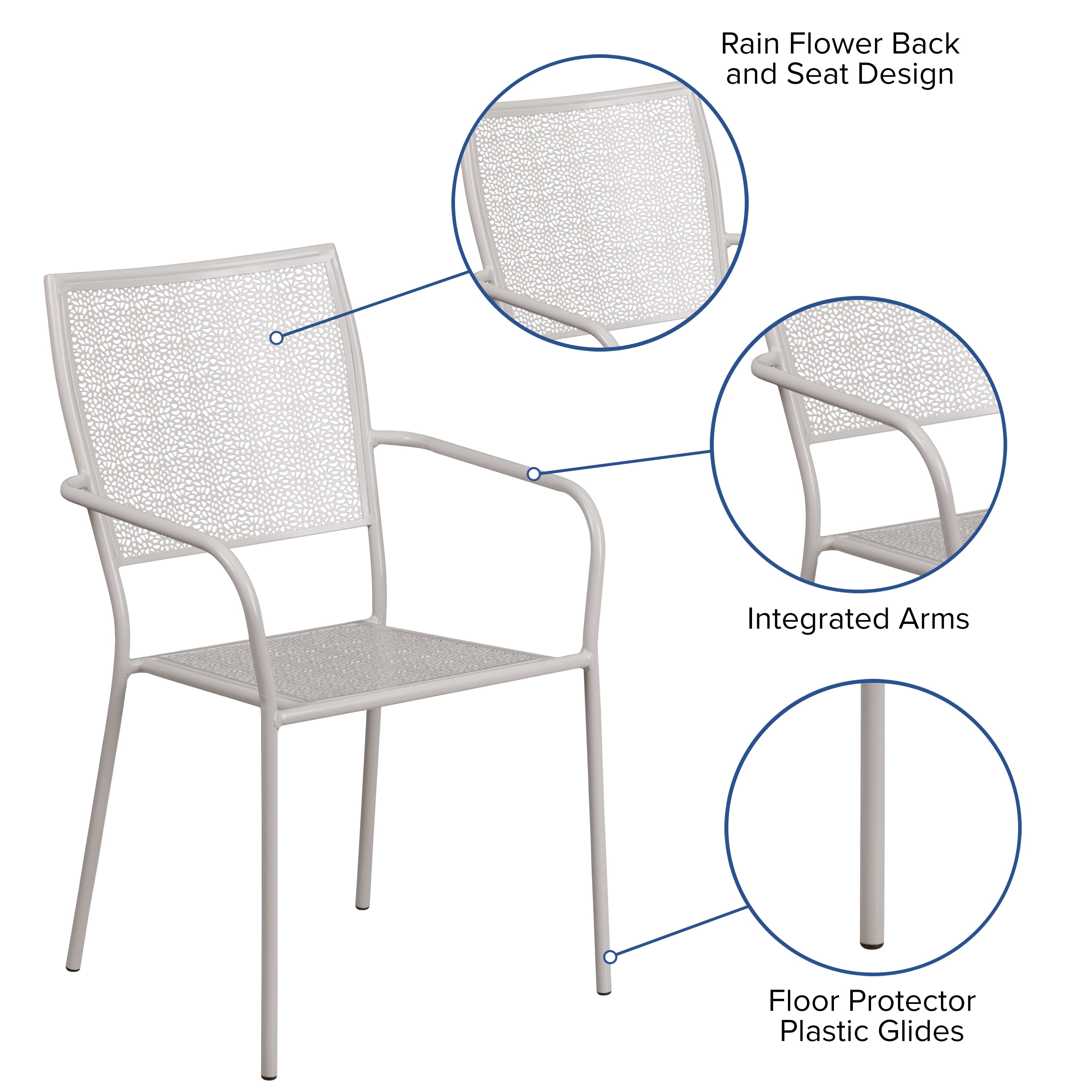Emma + Oliver Commercial Light Gray Indoor-Outdoor Steel Patio Arm Chair with Square Back
