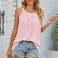 thumbnail image 3 of Camiseta de mujer suelta casual cuello redondo fruncido camisola top verano ojales sin mangas blusa rosa L, 3 of 6
