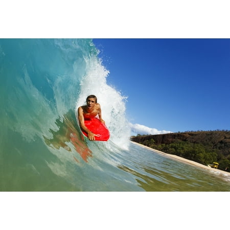 Hawaii Maui Makena - Big Beach Young Man Boogie Boarding On Beautiful Wave Canvas Art - MakenaStockMedia  Design Pics (17 x (Best Boogie Boarding Maui)
