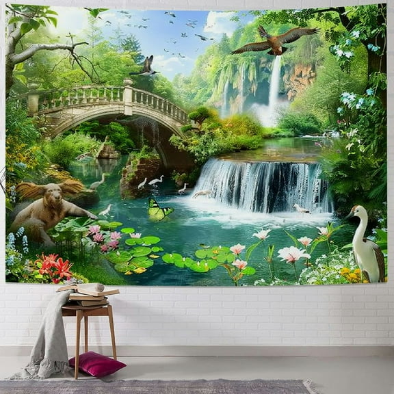 PRATYUS Fantasy Tapestry Spring Scenery Tapestry Waterfall Tapestry Wall Hanging Lake White Horse Bridge Tapestry Wall for Kids Adults Bedroom Decorations Window Decor Wall Picture Painting