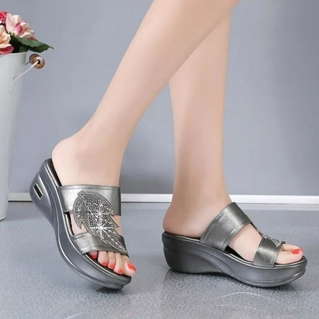 

〖Yilirongyumm〗 Grey 39 Sandals Women Shoes Sandals Platform Platform Ladies Rhinestone Decoration Wedge Leaf Women s Sandals