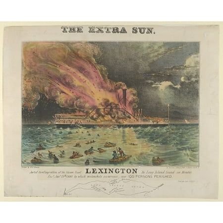 Awful Conflagration of the Steam Boat Lexington in Long Island Sound on Monday Eve January 13th 1840 by which melancholy occurrence over 100 Persons Perished Poster Print by William K Hewitt