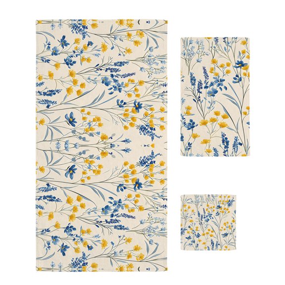 Blue Yellow Flowers Towel Set of 3, Soft Microfiber Bath Towels, Hand Towel, Washcloths, Botanical Blossom Motif Quick-Dry Absorbent Towels for Bathroom Kitchen Hotel Beach Gym Spa