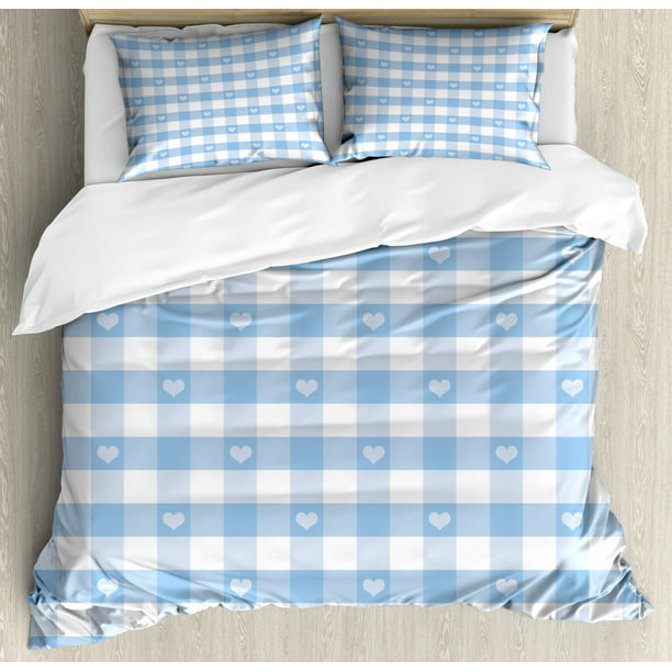 Ambesonne Checd Queen Size Duvet Cover Set Gingham Motif With Cute Little Hearts Pastel Blue Baby Shower Kids Theme Decorative 3 Piece Bedding 2, Baby Duvet Cover Sets