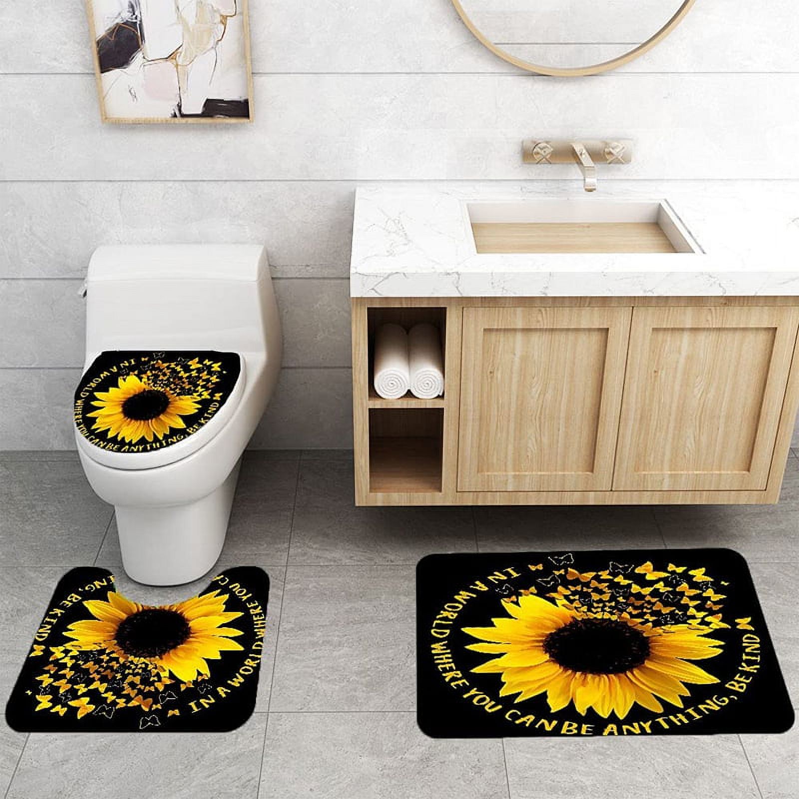BSHAPPLUS 4pcs Bathroom Sets Sunflower Shower Curtain Sets Waterproof Fabric Shower Curtain with 12 Hooks,Bathroom Decor Shower Curtain and Rug Set Non-Slip Rug,Toilet Lid Cover and Bath Mat