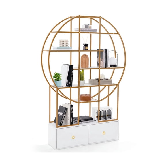 GVN Bookcases,71 Inches 6-Tier Gold Bookshelf with 2 Storage Drawers-Golden