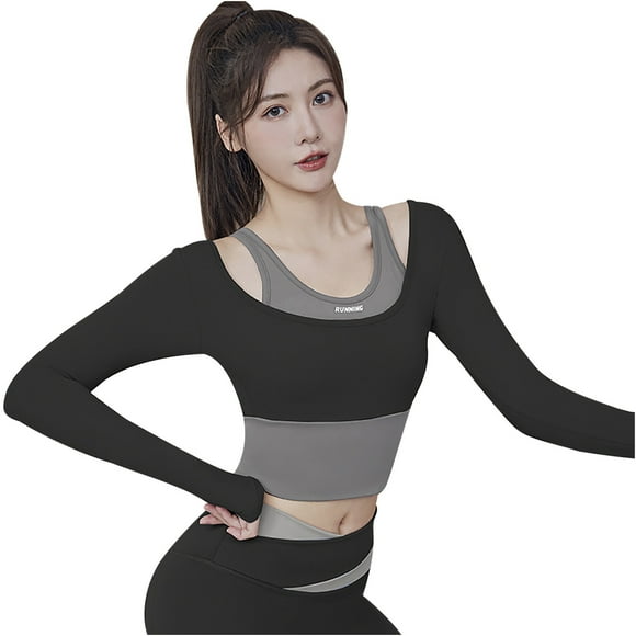 Women Yoga Tops Fast Dry Running Fitness Tight Fake 2-piece Sportswear Workout T Shirt With Fixed Chest Pad