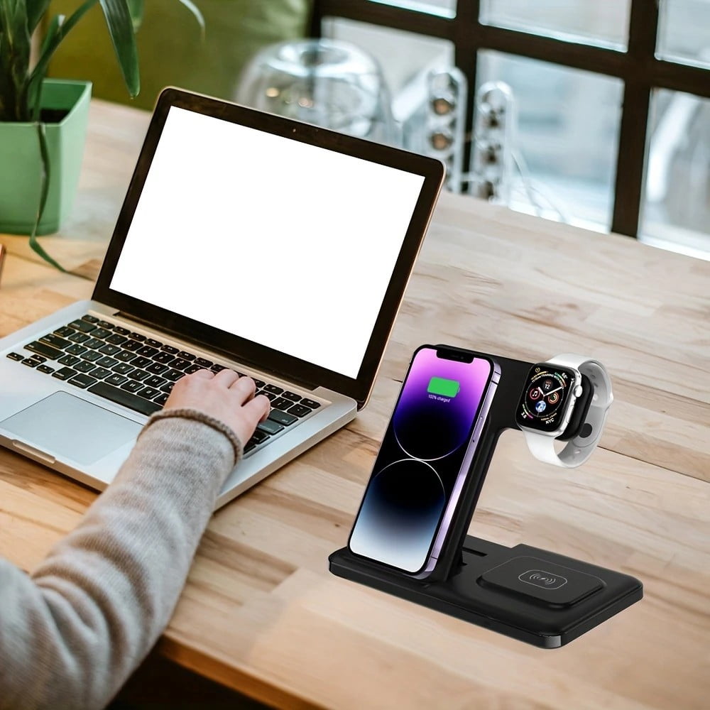 15W Fast Charging 3-in-1 Wireless Charger for iPhone 15 Pro/14 Pro/Pro Max, Apple Watch & AirPods, Black