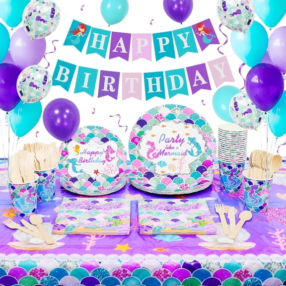 Mermaid Birthday Decorations, Mermaid Party Supplies with Happy Birthday Banner, Balloon Tablecloth, Mermaid Party Plates Napkins Cups Tableware Set for Girls Kids