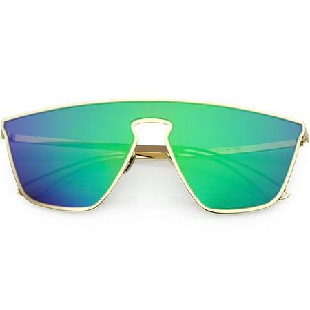 Futuristic Aviator Shield Sunglasses Colored Mirror Lens 58mm (Gold / Green Mirror)