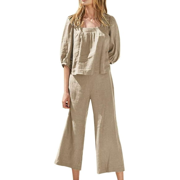 Cathalem Women's 2024 Summer Two Piece Outfits High Waist Flared Trouser Pant Suit Set,Khaki L