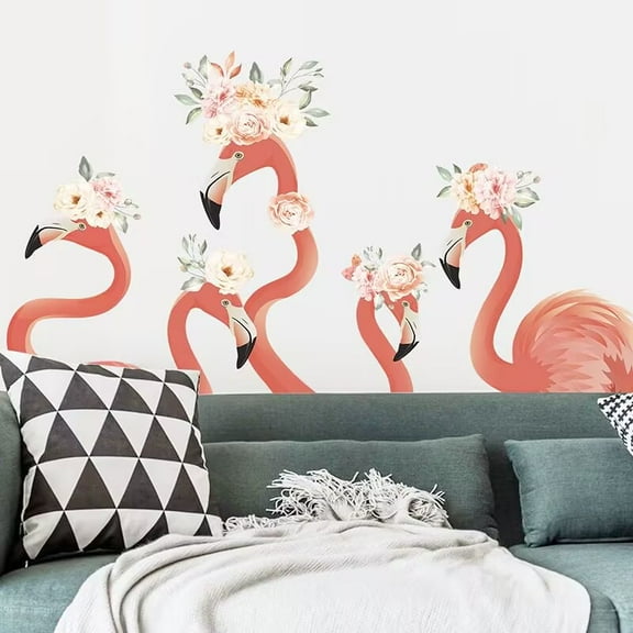 Flamingo Wall Decal Pink Flowers Wall Decal,  Flamingo Wall  Stickers Removable Vinyl Peel and Stick for Kids Baby Living Room Bedroom Nursery Art Decorations