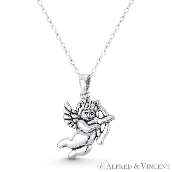 Cupid w/ Bow & Arrow Winged Angel / Cherub 24x15mm (0.9x0.6n) Pendant & Chain Necklace in Oxidized .925 Sterling Silver