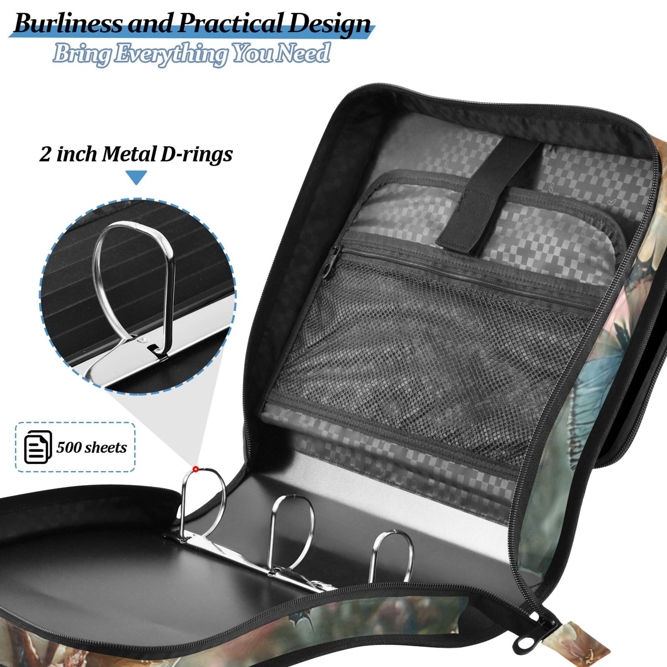 3 Ring Zipper Binder with Shoulder Strap Waterproof Trapper Keeper 2 Inch D-Ring 500 Sheets Capacity Cute Bear Eat Ice Cream