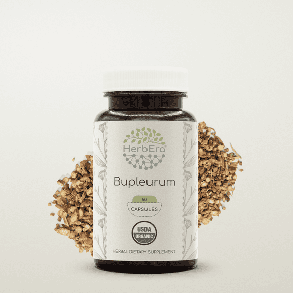 HerbEra Bupleurum Capsules, Organic Herbal Dietary Supplement for Liver Support, Certified Organic Bupleurum (Bupleurum Chinense) Dried Root Capsules, Natural, 60 Capsules