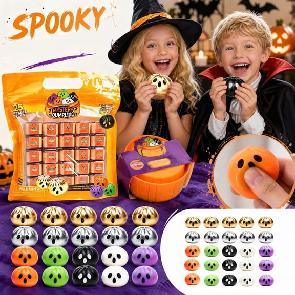 Mystery Dumpling 25 Pack Extra Mini Squishy Toys Spooky Edition Blind Box Set Collectible Sensory Stress Relief Figures for Halloween Goodie Bags Classroom Party Favors