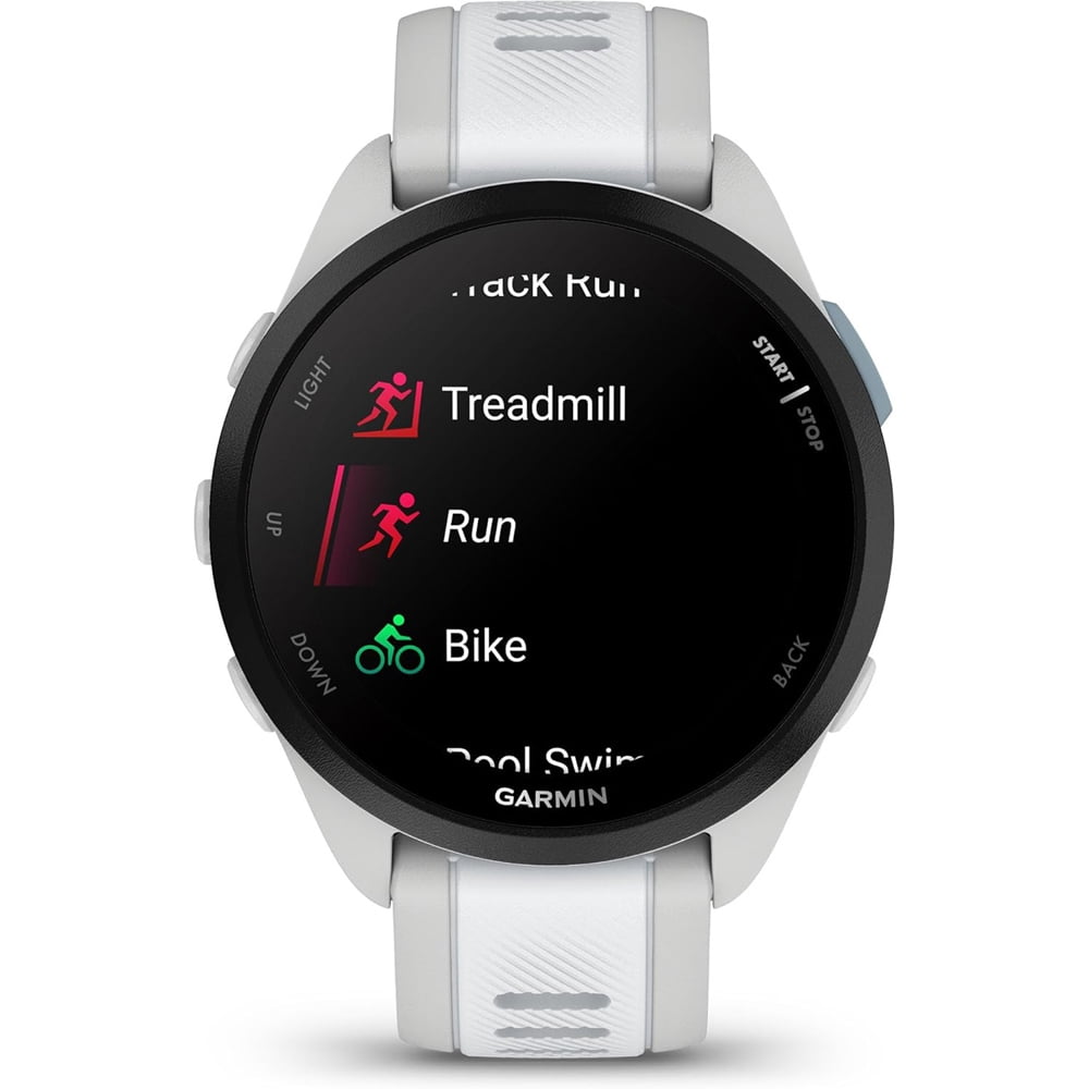 Garmin Forerunner 165 Music Smart Sport Watch, Mist Gray + Whitestone with HRM 200 Heart Rate Monitor Strap (M-XL) Bundle with Deco Essentials Collapsable Water Bottle
