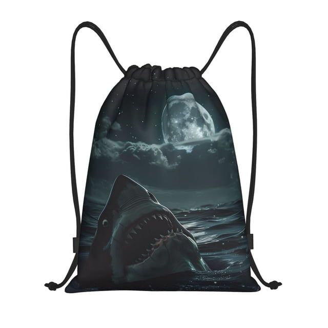 Xecao Moonlit Night Sky Shark Pattern Sports Drawstring Backpack - String Swim Gym Bag with Wet Proof Pocket for Women&Men-Small