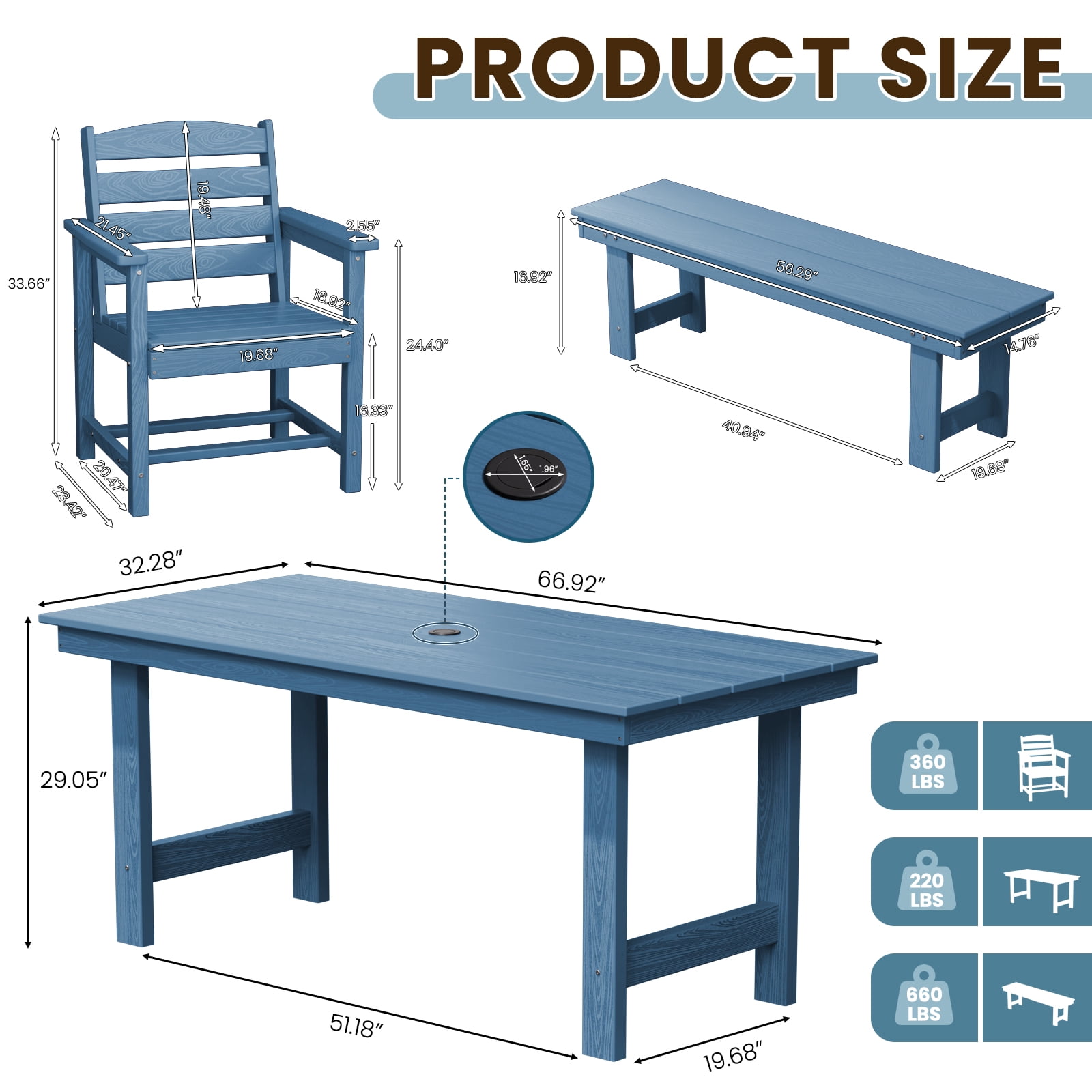 LOYALICE 6 Pieces Patio Furniture Set, HDPE Outdoor Dining Table Set with 1 Bench, 4 Chairs, Durable and Weather-Resistant for Patio, Garden and Balcony Use, Navy Blue