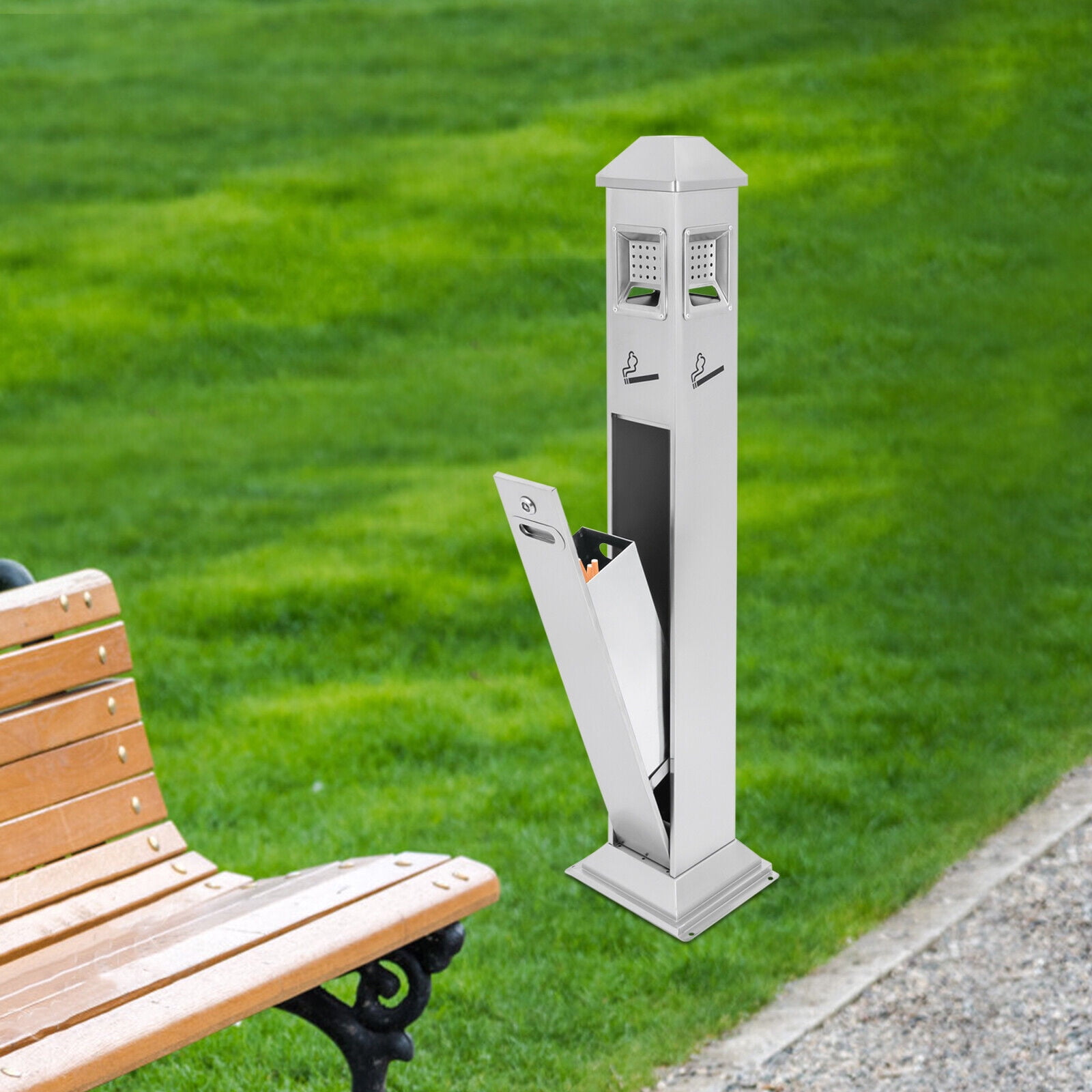 Miumaeov Metal Vertical Trash Bin Cigarette Butts Collector with Inner Barrel Outdoor/ Indoor Trash Can Container Silver