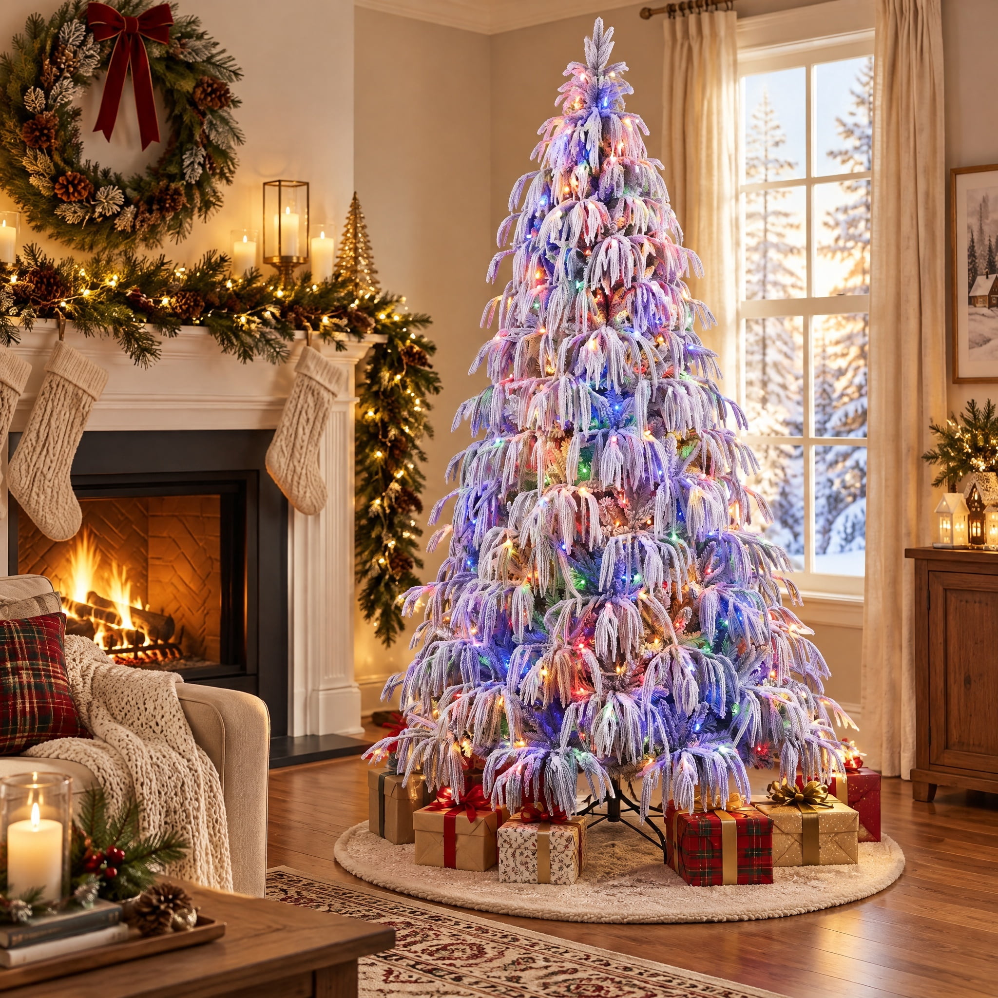 7.5' Pre-Lit Glittering Snow-Flocked Hamilton Spruce White Artificial Christmas Tree with 450 Color-Changing LED Lights and Stand, by Holiday Time