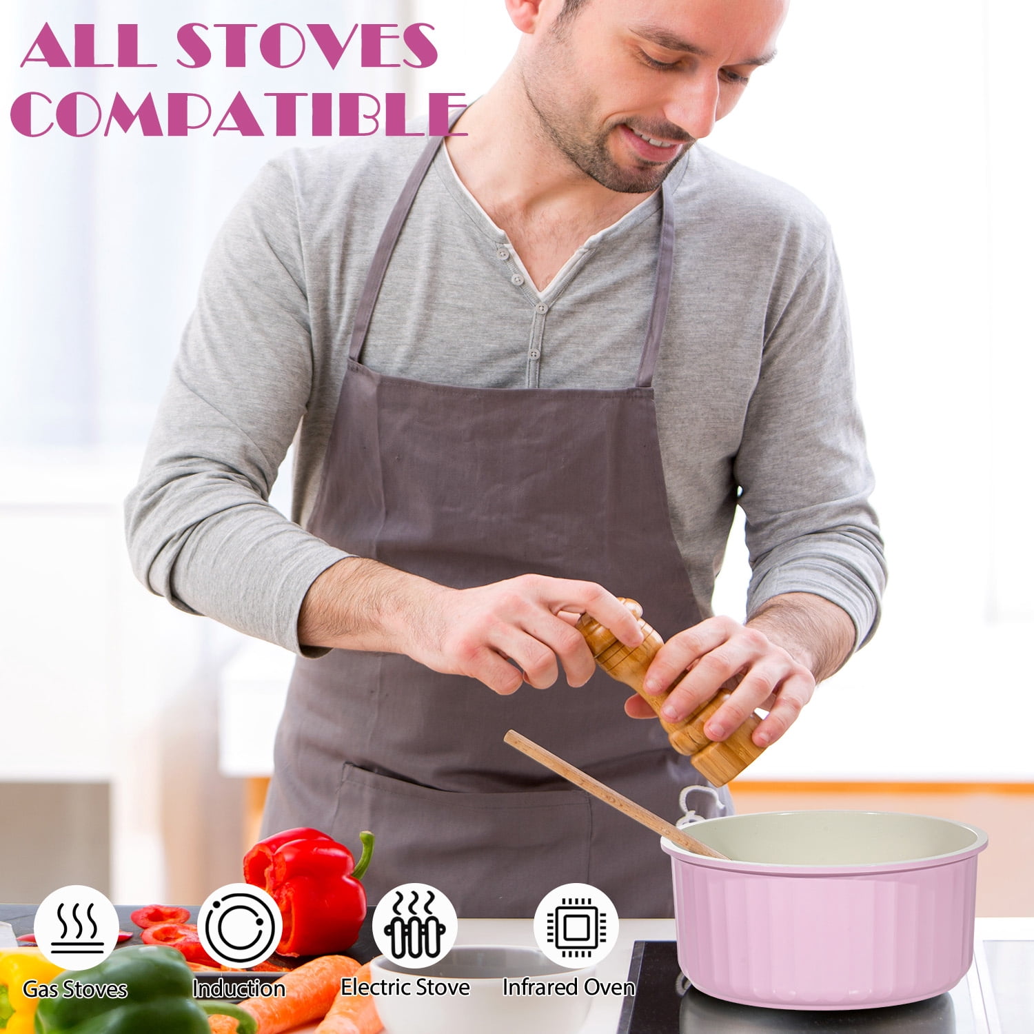 Vivicreate 11-Piece Nonstick Aluminum Pots and Pans Set with Removable Handle, Granite-Inspired Cookware, Induction Compatible, Stackable Design