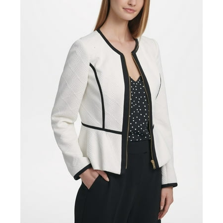 DKNY Women's Quilted Knit Zip-Up Peplum Jacket White Size 4 Petite