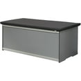 thumbnail image 2 of Foreman 120 Gallon Large Deck Box made from Compact Laminate and Anodized Aluminum with a Dark Grey Seat Cushion, removable Machine Washable cover and Graphite colored All Weather Nylon Deck Box cover, 2 of 4