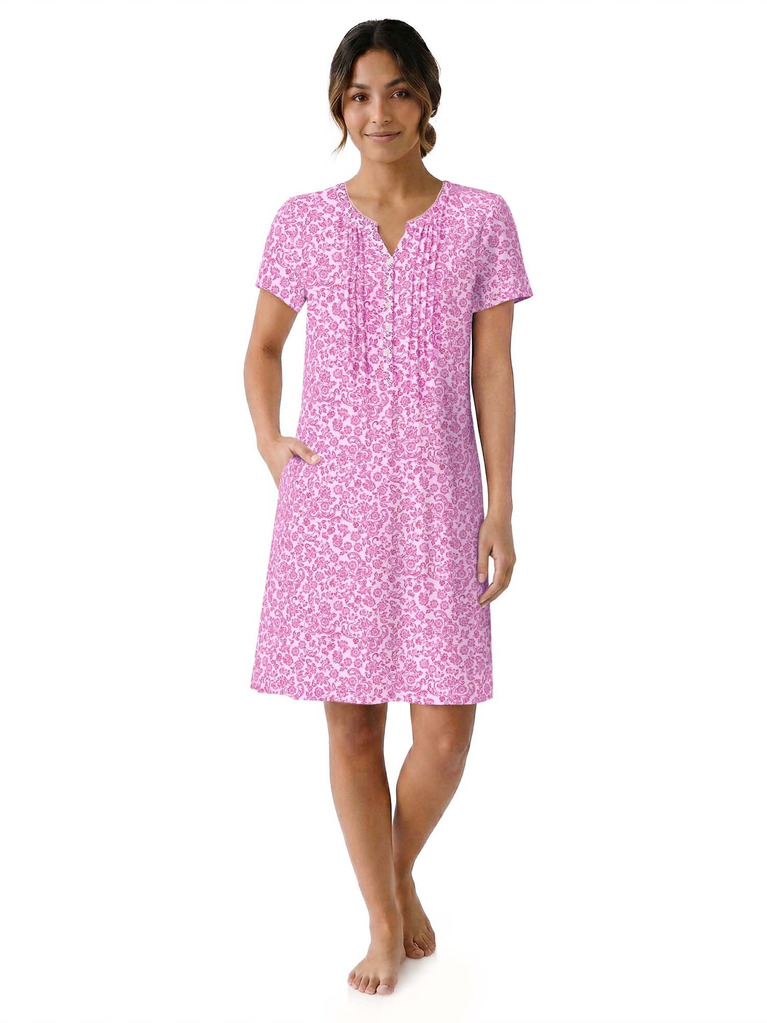 Aria Women’s Short Sleeve Split Neck Sweater Knit Nightgown, Sizes XS-5X