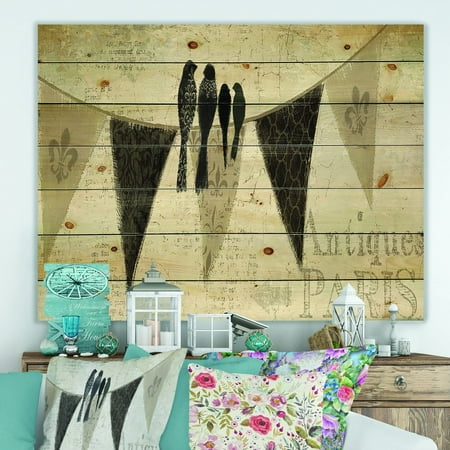 DESIGN ART Designart 'French Bird Flea Market III' Farmhouse Print on Natural Pine Wood - (Best 3 Wood On The Market)