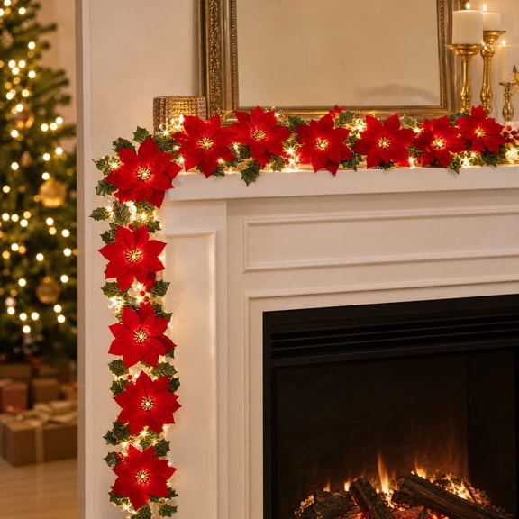 YuanGuangQ Lighted Christmas Poinsettia Garland, Artificial Flower Decorative Vine with Holly Leaves, Indoor Xmas Ornament for Stair Railing Mantel Table Holiday Decor