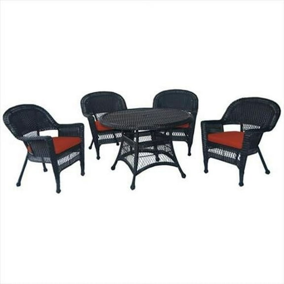Jeco W00207D-D-G-FS018 5 Piece Black Wicker Dining Set - Red Cushions