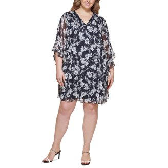 CALVIN KLEIN Womens Blue Zippered Lined Tie Ruffled Sheer Elbow Sleeve  Surplice Neckline Midi Faux Wrap Dress Plus 18W - Walmart.com