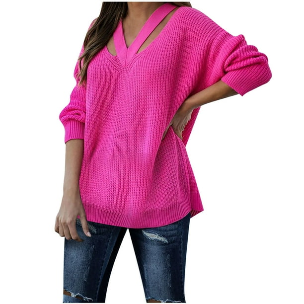 Moda mujer Color sólido manga larga Pullove cuello en V Casual suéter Tops Fridja hjk2310