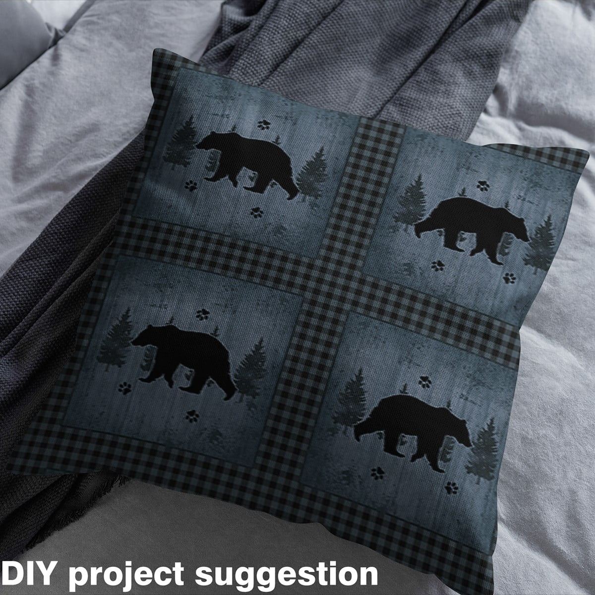 jejeloiu Safari Bear Fabric by the Yard 1 Yard,Jungle Wildlife Home Decor Fabric by the Yard,Black Geometric Checkered Sewing Fabric For Tees,Super Cozy Room Decor