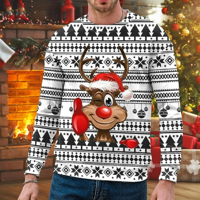 WILLBEST et Chandails en Molleton Hommes Automne et Hiver Tendance Décontractée Chandail Imprimé de Noël Col Rond Chandail à Capuchon