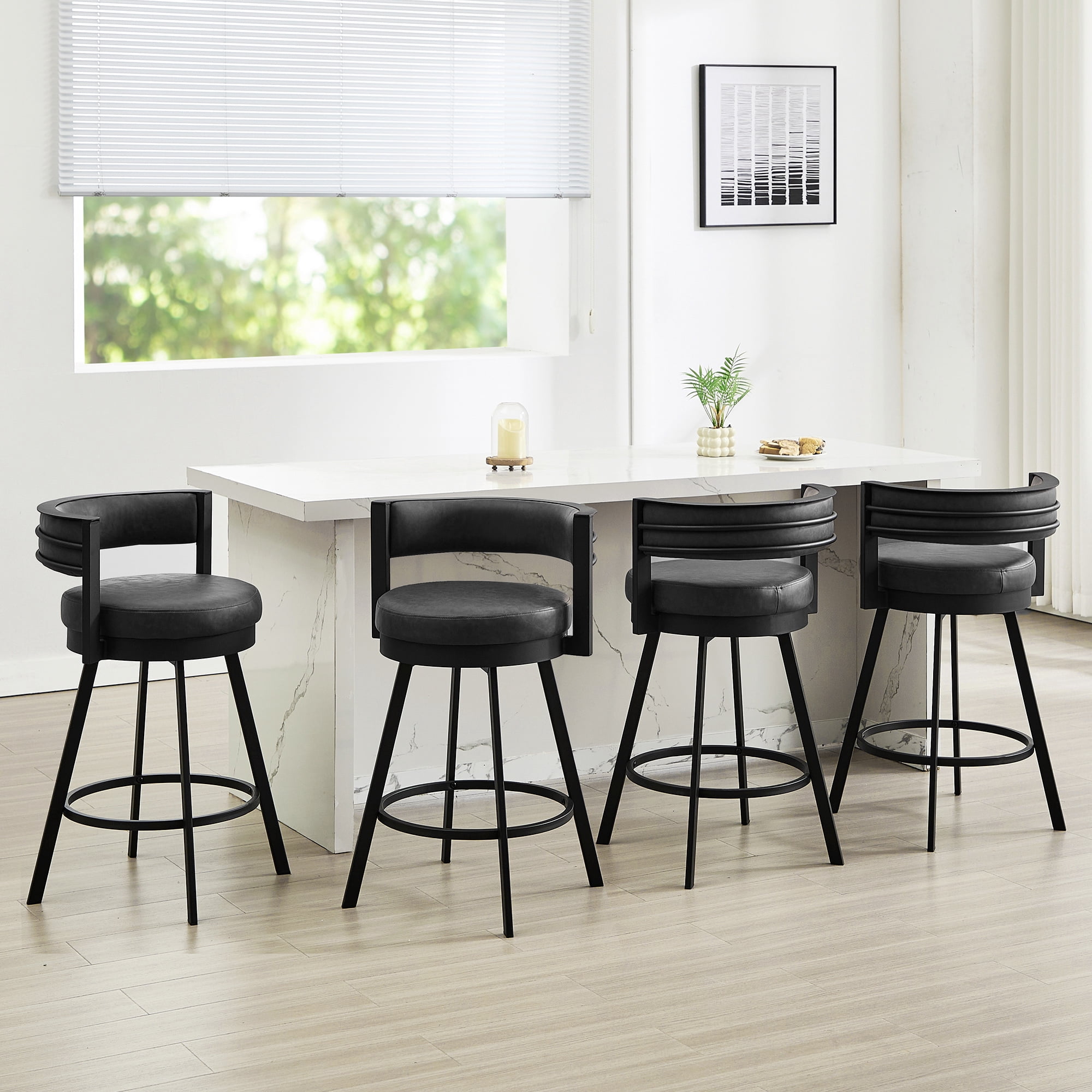 Zesthouse 26.6″ Swivel Bar Stools Set of 2, Faux Leather Upholstered Counter Stools with Barrel Back and Metal Legs, Modern Counter Height Barstools for Kitchen Island, Dark Gray