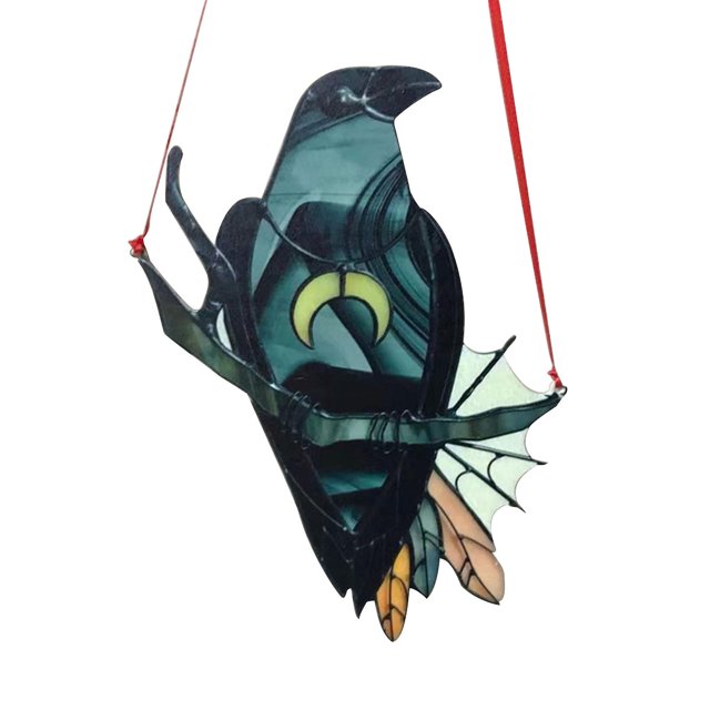 Adorno de bruja Cuervo misterioso, atrapamoscas manchado, pájaro negro con collar de Luna, colgante de pared para ventana, decoración de jardín y patio