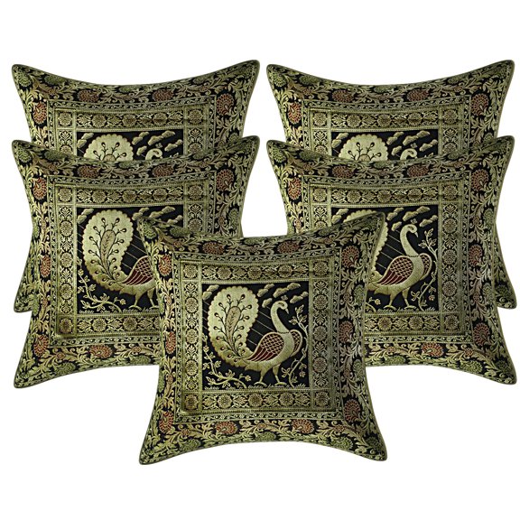 Stylo Culture Indian Decorative Brocade Black And Gold Throw Pillow Covers 16x16 Jacquard Weave Banarsi Sofa Throw Cushion Covers Dancing Peacock Floral 40x40 cm Cushion Covers (Set Of 5)