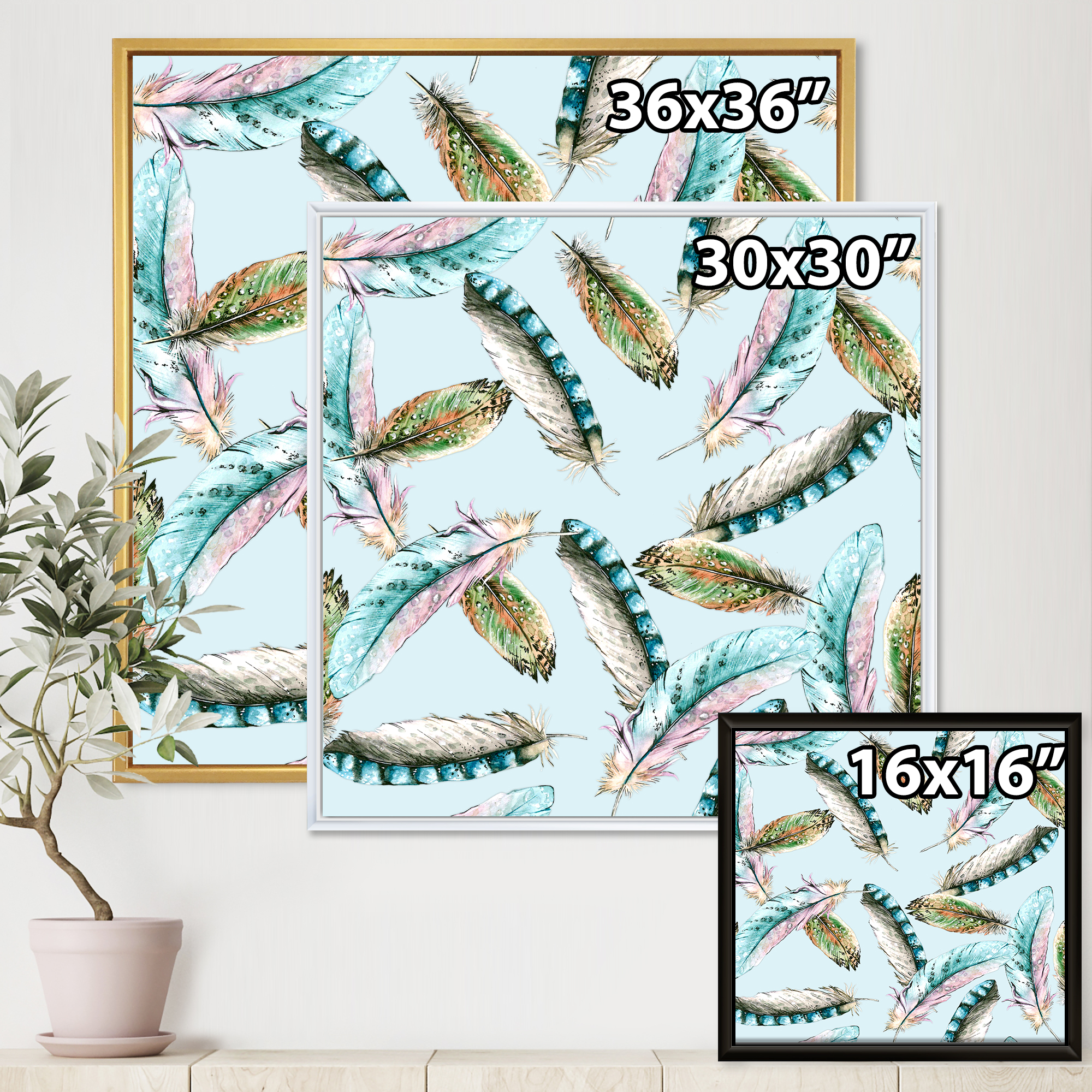 Designart 'Green Bird Feathers On Blue Background' Bohemian & Eclectic Framed Canvas Wall Art Print