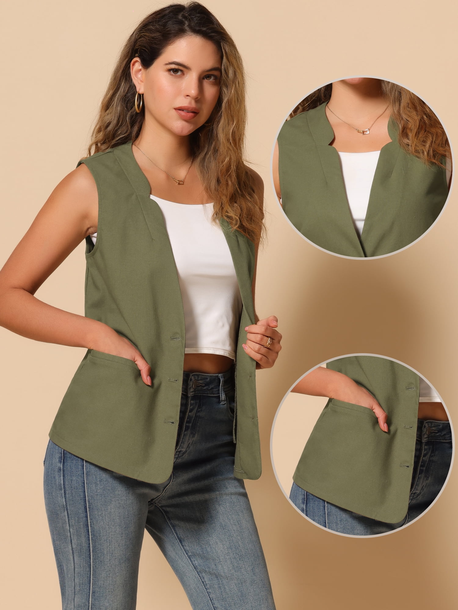 DARING DIVA Women's Cotton Linen V Neck Button Down Jacket Vest S Army Green