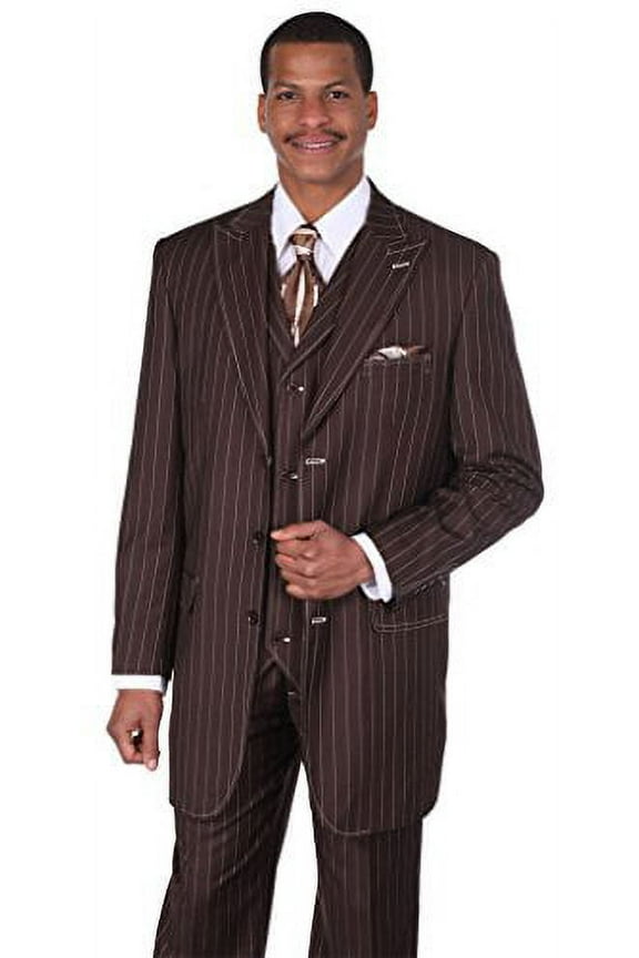Milano Moda Men's 3pc Gangster Pin-striped Three Button Suit 5903 w/ Vest Tan