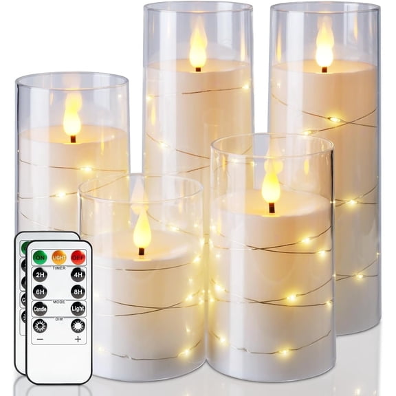 Homemory Pure White Flameless Candles with Embedded Star String Fairy Lights, Battery Operated Candles, LED Candles, Fake Candles with Remote Control and Timer, Set of 5(H4 5" 6" 8" 8")