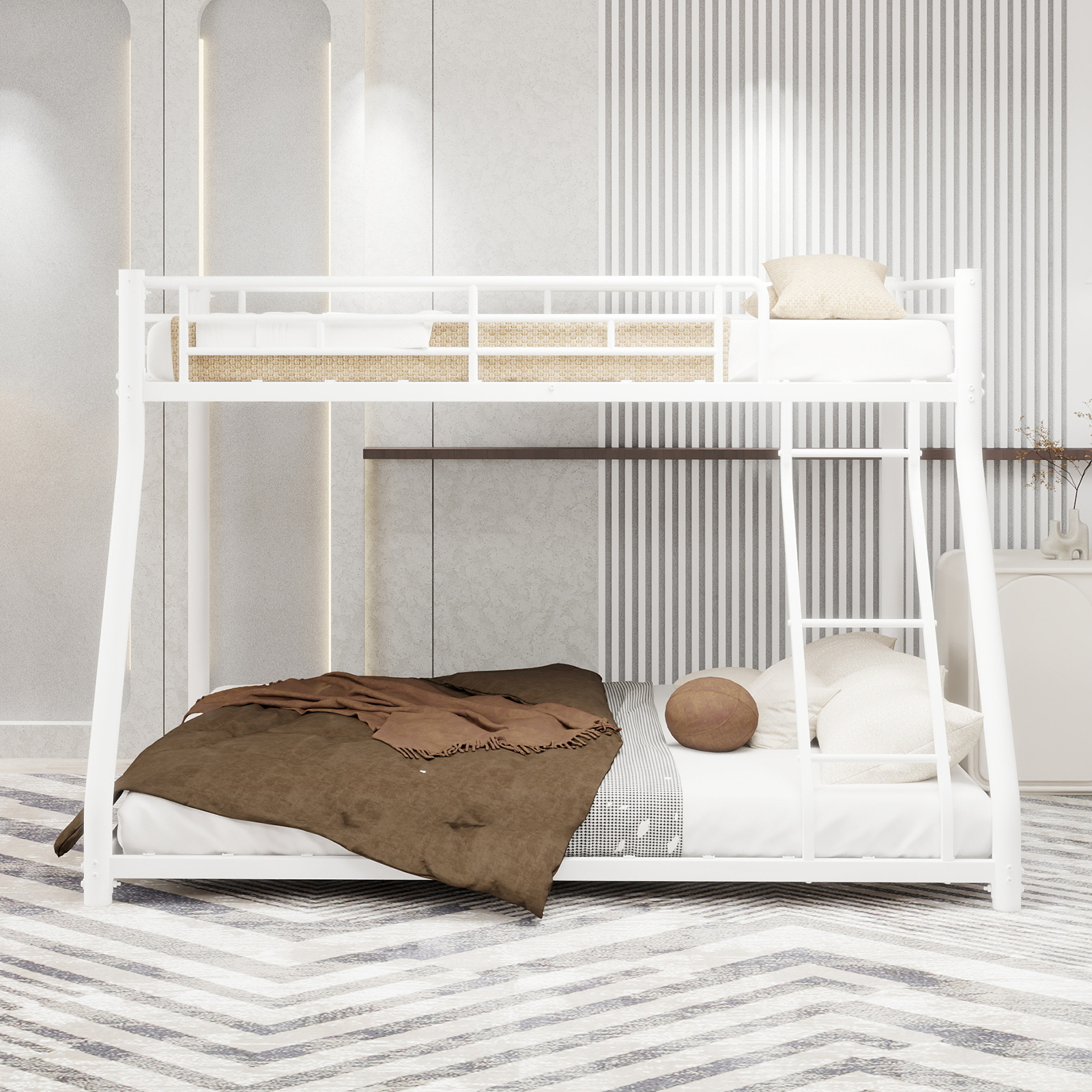 Mintazer Twin Over Full Bunk Bed, Metal Bunk Bed Frame with Guardrails and Ladder for Kids Teens Bedroom Dorm Apartment, White