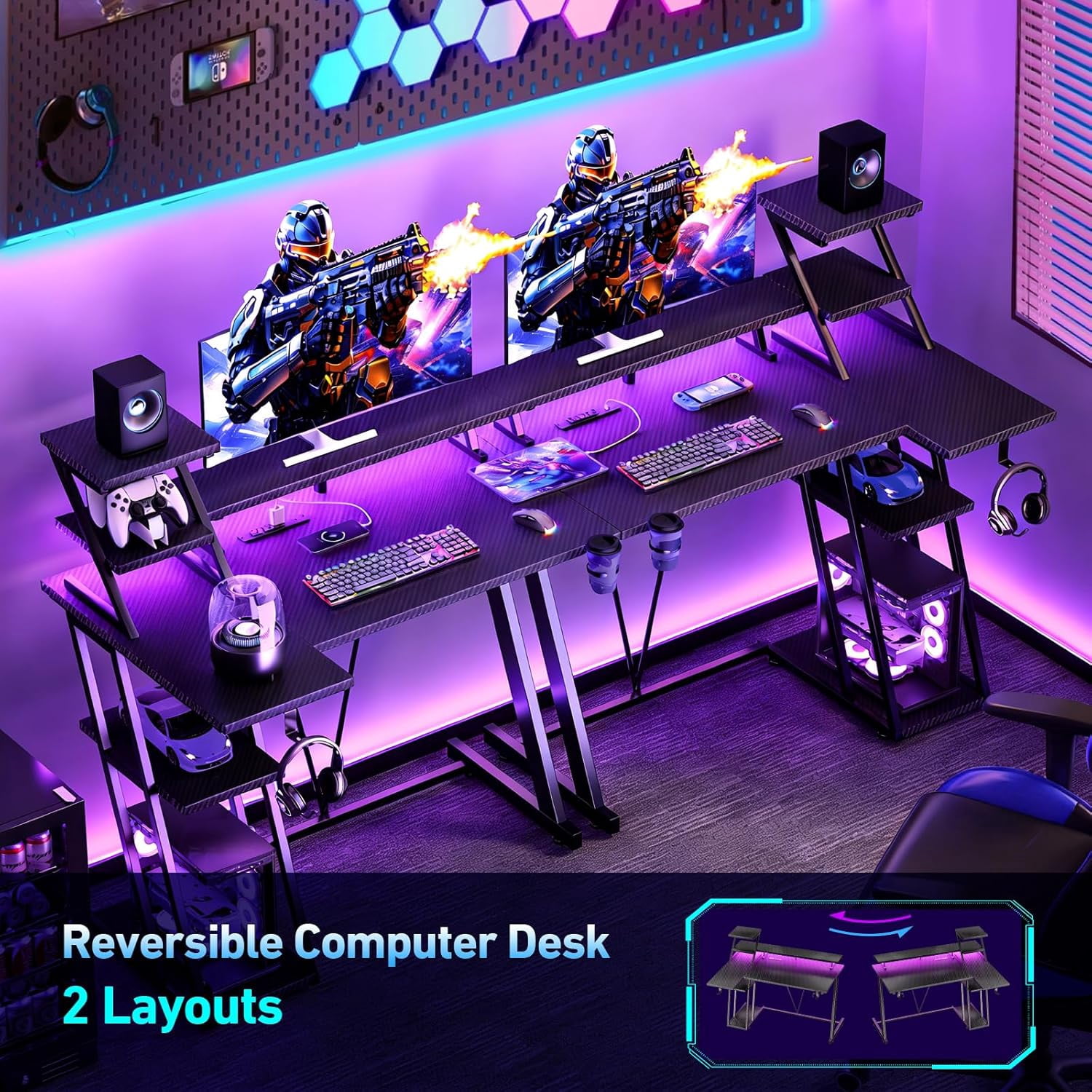 40 Inch Gaming Desk with LED Lights & Power Outlet, L Shaped Computer Gaming Table with Storage Shelves, Reversible Corner Desk with Monitor Stand for Home Office, Carbon Fiber Black