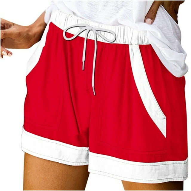 Plebaso Womens Summer Shorts Color Block Drawstring Casual Shorts Loose Activewear Shorts with Pockets
