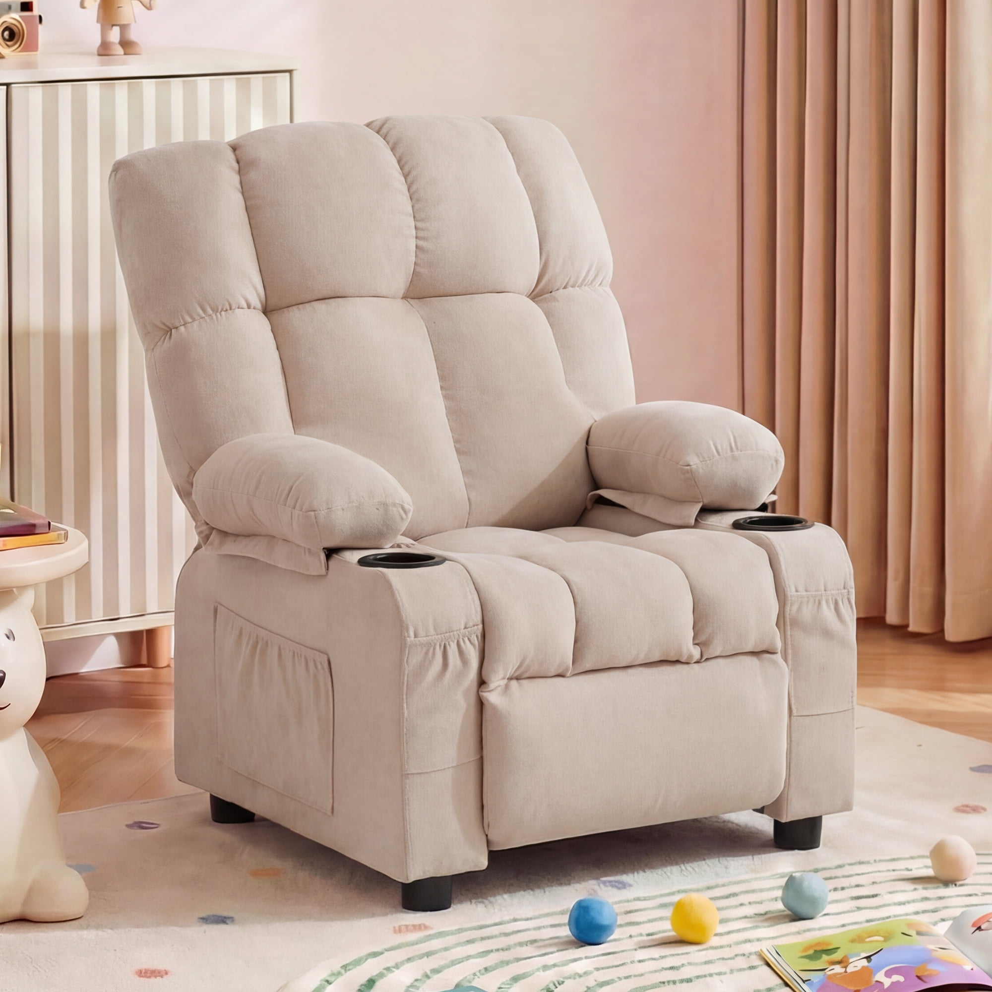 JONPONY Kids Recliner Chair,Push Back Toddler Recliner with Cup Holders & Side Pockets，Adjustable Footrest & Headrest Kids Sofa for Boys Girls 3+ Age Group，Children's Bedroom Furniture ，Beige